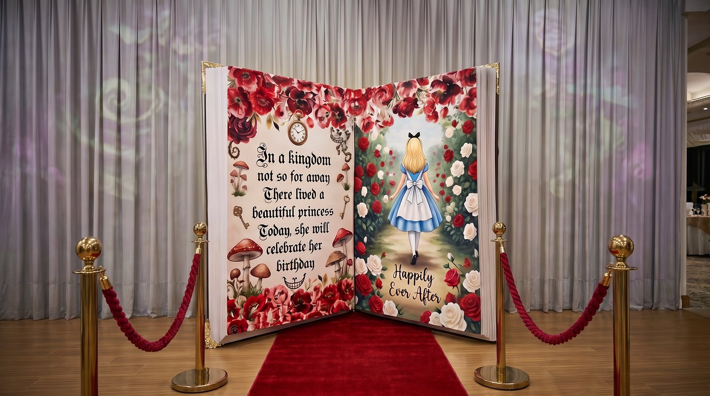 Custom book-shape style backdrop built on high-quality tension frame with 3D artwork custom to the event