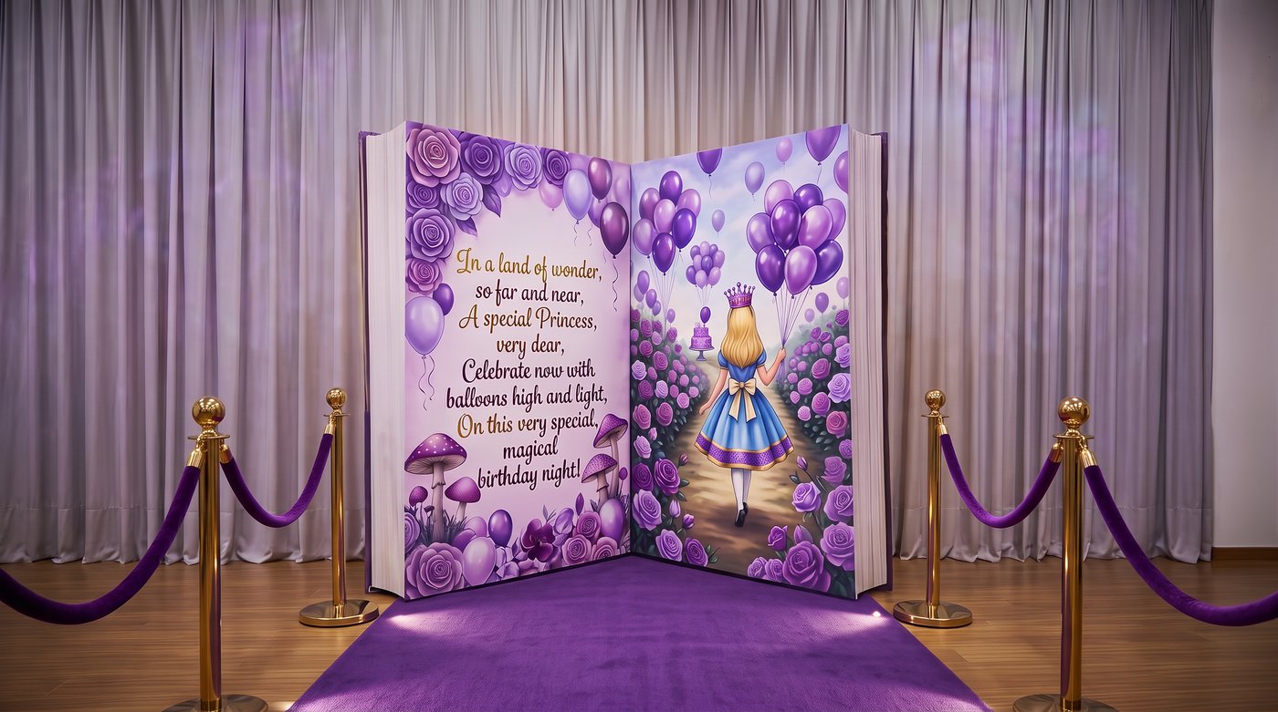 Custom purple princess storybook backdrop — color-matched to event palette