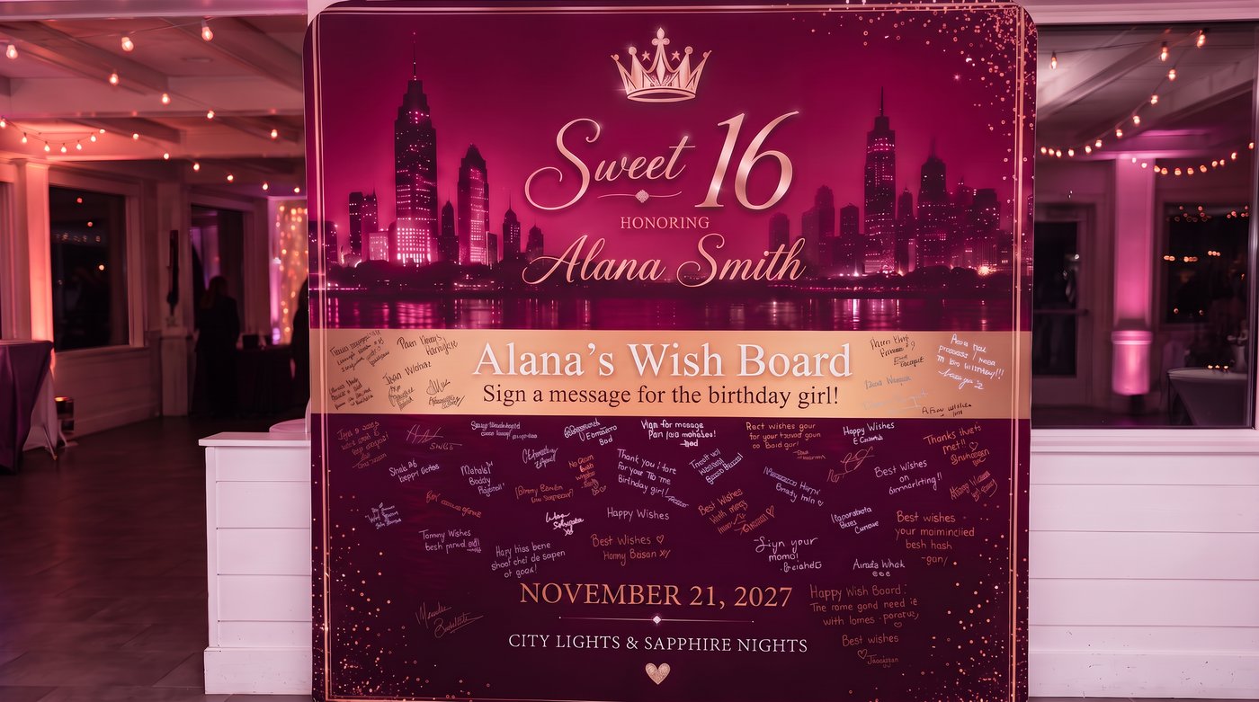 Custom Sweet 16 Wish Board — personalized backdrop with skyline design, honoree name, event date, and guest signature area, paired with the Traore Scribble and Pose experience
