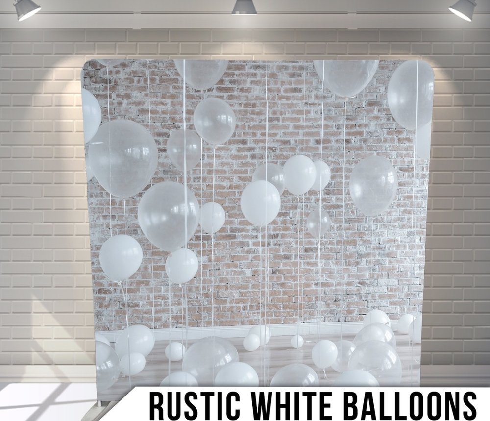 Rustic White Balloons — brick wall with white balloons backdrop